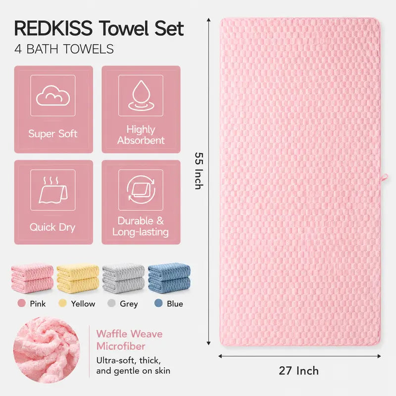 REDKISS 4-Pack 180g Microfiber Body Towels - Extra Large, Luxury Plush Waffle, Quick Drying Absorbent Multifunctional, Cold Wash Compatible for Bathroom, Spa