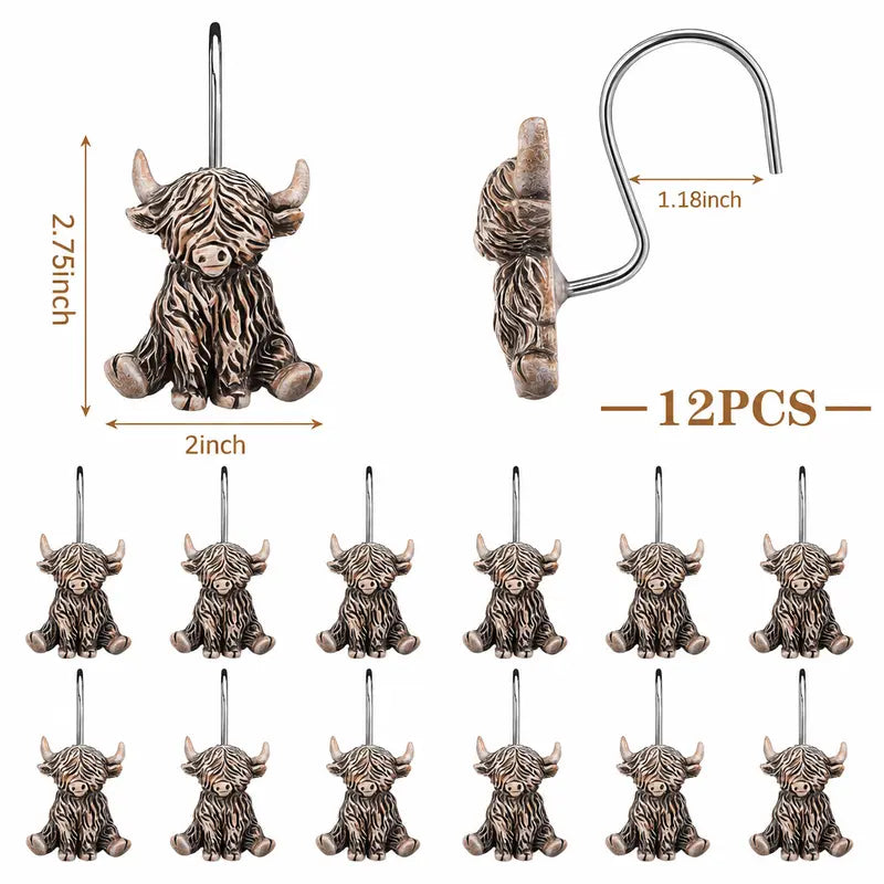 12Pcs Highland Cow Shower Curtain Hooks, Rustproof Stainless Steel Smooth Glide, Farmhouse Western Bathroom Decor for Rustic Home Guest Bath, Cute Cow Lover Gift Fall Halloween