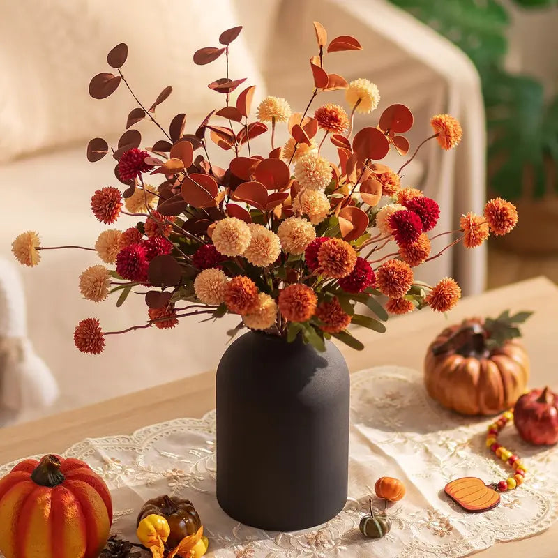 Artificial Flowers in Vase for Centerpieces: Vase with 12 Stems of Mums Kiku Flowers Eucalyptuses Faux Pom Poms Floral Arrangements for Kitchen Island Entryway Table