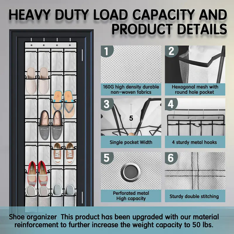 LMMAKE 1PC Over The Door Closet Shoe Organizer - 28-Pocket, 4 Metal Hooks, Adjustable Hangable Racks, Easy Installation, Holds Shoes, Beauty Products & Accessories, Space-Saving for Closets, Apartments, Footwear Organization