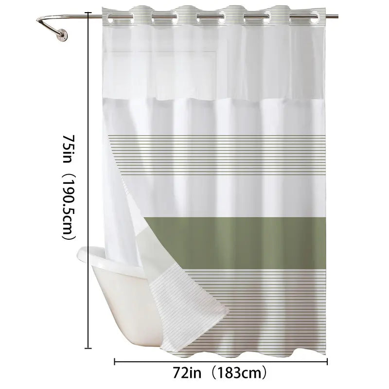 Striped geometric double-layer shower curtain, mesh top window, hook-free design, easy installation, farmhouse, hotel, modern home decoration, 72x75in