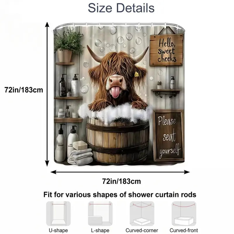 Cute Humorous Farmhouse Shower Curtain, Funny Highland Cattle Bathing Design, Includes Hooks, Suitable for Bathroom Decor, Funny Shower Curtains for Bathroom