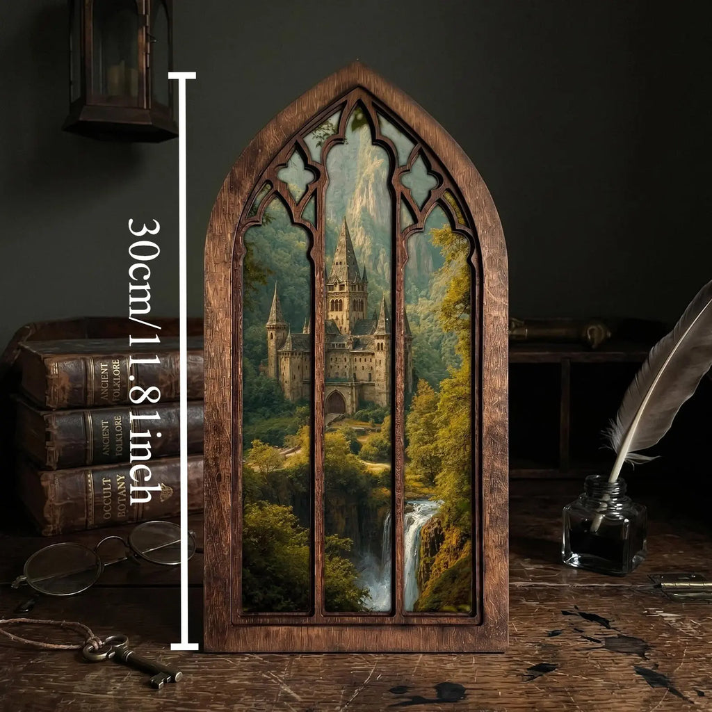 Gothic Window Wall Art, Medieval Castle Wood Frame, Fantasy Landscape 3D Layered Plywood, Dark Academia Home Decor, Decorative Artwork for Wall Display