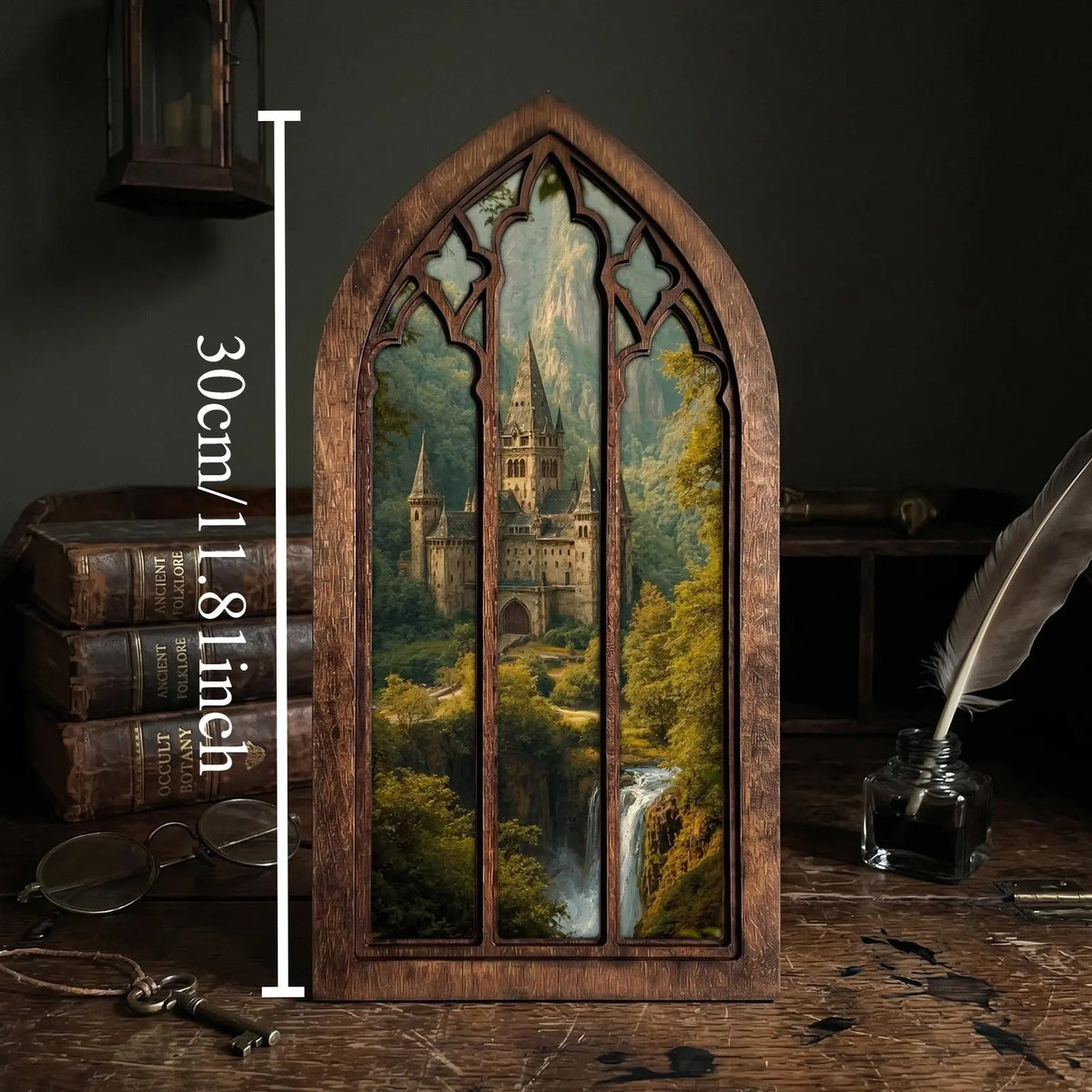 Gothic Window Wall Art, Medieval Castle Wood Frame, Fantasy Landscape 3D Layered Plywood, Dark Academia Home Decor, Decorative Artwork for Wall Display