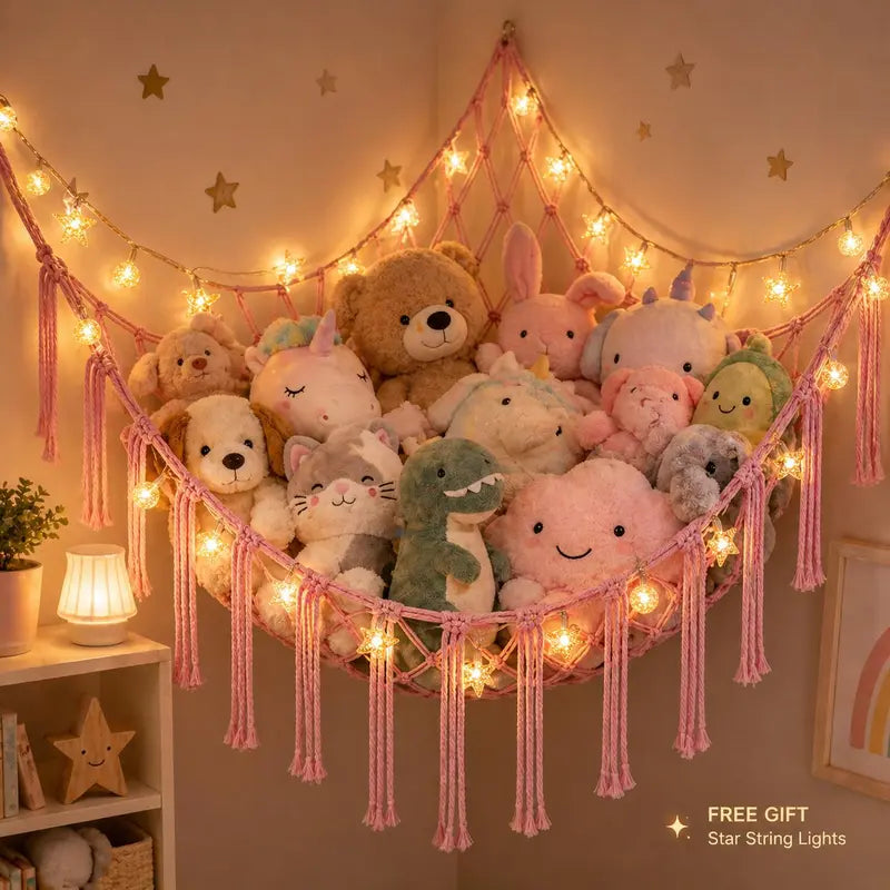 Large Cotton Hanging Stuffed Animal Hammock - 118in Star Lights, Pearl White Nursery Accessory, Corner Space-Saving Toy Storage Organizer, Aesthetic Whimsical Girl Room Bedroom Decor, Girl Room Decor