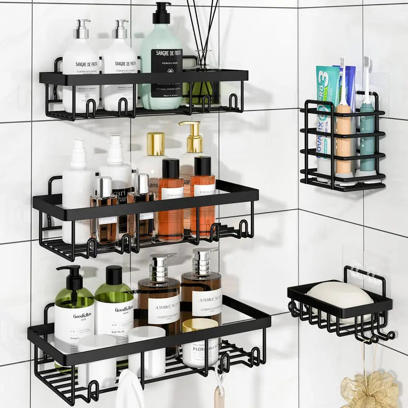 Black 5-Piece Heavy-Duty No-Drill Adhesive Shower Caddy Set - Rustproof Waterproof Eco-Friendly Wall Shelves with Toothbrush Soap Holder, Home Accessory, Shower Organizer for Clutter-Free Bathroom Storage
