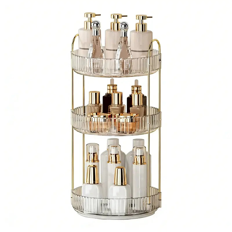 UFORU 3-Tier Transparent Plastic Corner Bathroom Counter Organizer Storage - Bathroom Accessory with Gold Metal Pole, Anti-Slip Trays for Cosmetics, Perfumes, Skincare, Vanity Use, Bedroom Organizer Storage