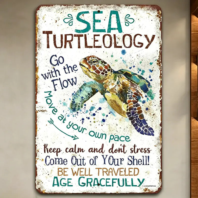 Vintage Tropical Metal Sea Turtle Plaque Sign - Retro Porch Sign, Vintage Plaque Decoration, Anti-Stress Inspirational Home Decor with "Keep Calm & Don’t Stress", "Go With The Flow", "Move At Your Own Pace" Quotes - Gift for Slow Living Lovers