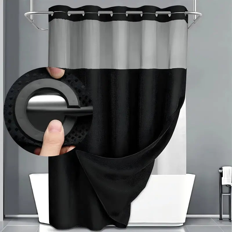 Hookless Shower Curtain – Available in 3 Colors and Multiple Sizes Includes a snap-on fabric liner set — hotel style with clear mesh top window, machine washable.