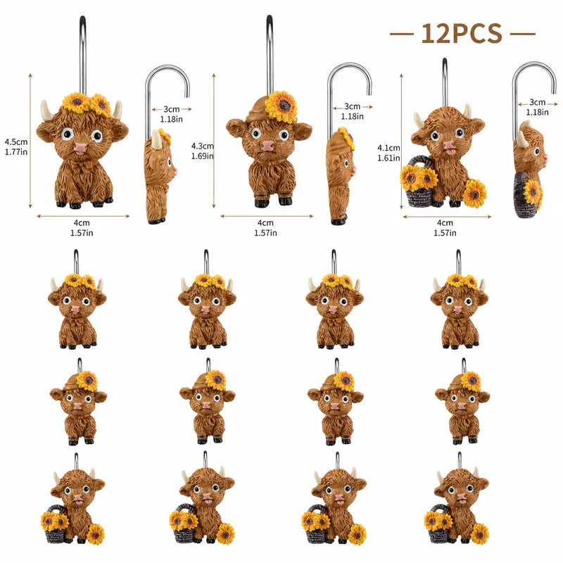 12Pcs Highland Cow Shower Curtain Hooks, Rustproof Stainless Steel Smooth Glide, Farmhouse Western Bathroom Decor for Rustic Home Guest Bath, Cute Cow Lover Gift Fall Halloween