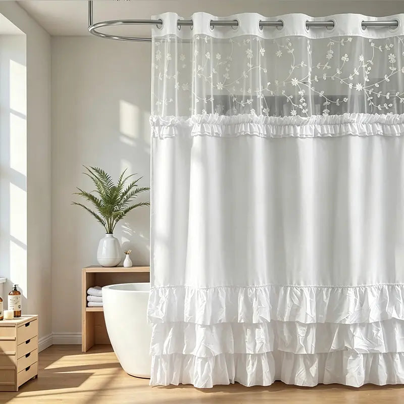Green Elegant Hookless Ruffle Shower Curtain with Embroidered Sheer Top, Dual Removable Waterproof Panels, Machine Washable Bathroom Curtain，71*74 IN