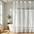Green Elegant Hookless Ruffle Shower Curtain with Embroidered Sheer Top, Dual Removable Waterproof Panels, Machine Washable Bathroom Curtain，71*74 IN