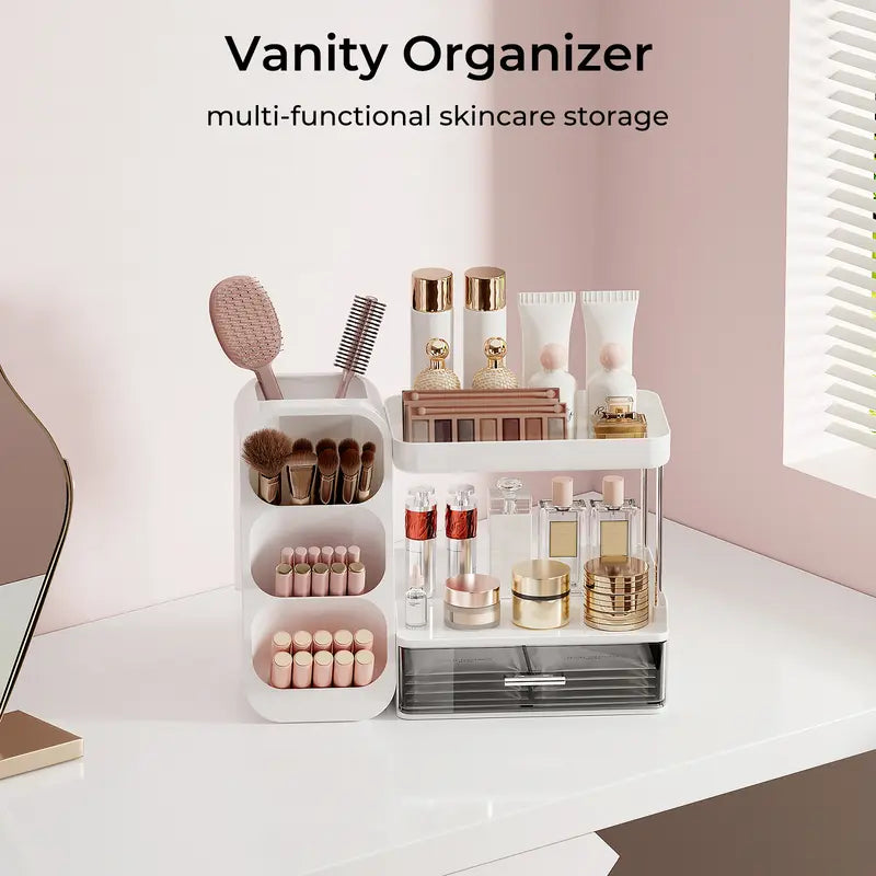 UFORU Plastic 1-Piece Cosmetics Storage Box - 3-Tier Shelf with Drawer, Multi-Compartment Brush Holder, Compartments for Cosmetics, Clutter-Free Vanity Organizer for Counter (Mother's Day Gift)