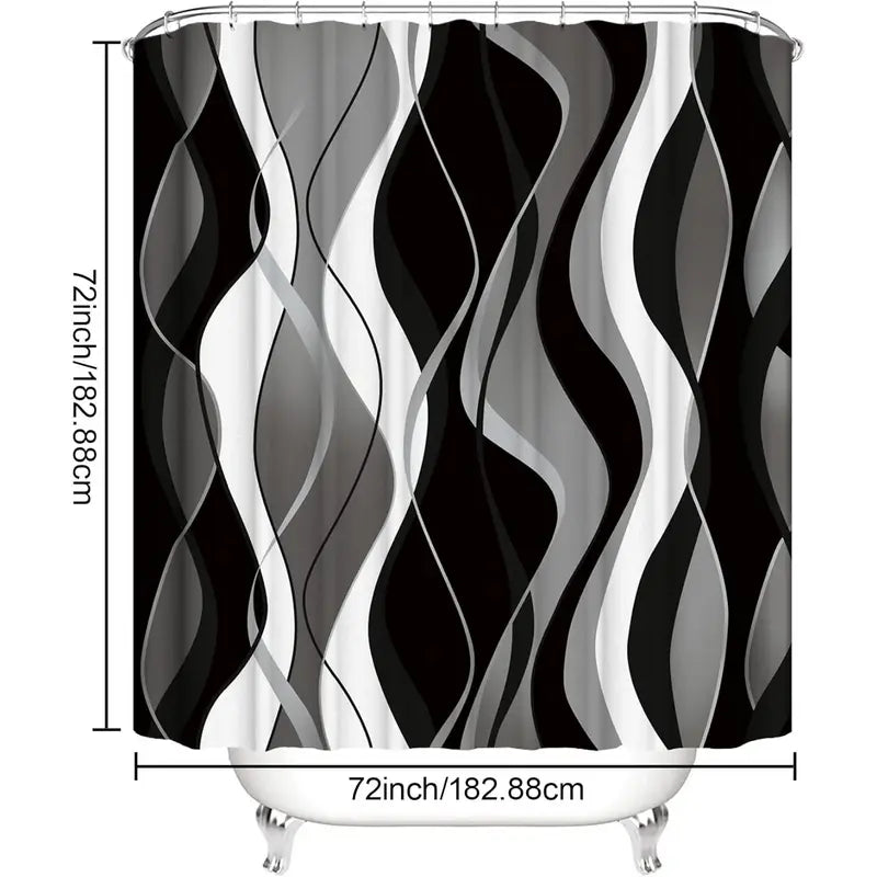 4 count Black Shower Curtain Sets with Non-Slip Rugs, Toilet Lid Cover and Bath Mat, Black and Gray Bathroom Decor Set Accessories Fabric  Shower Curtains with 12 Hooks, 72 x 72 Inch
