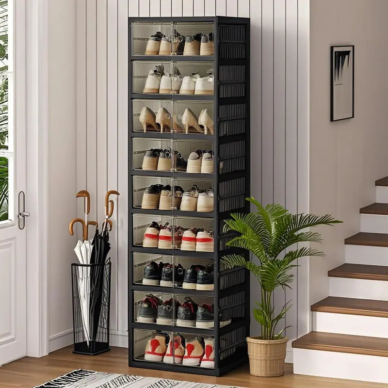 9-Tier Foldable Plastic Shoe Rack Organizer - Multilayer Display, Closet Organizer, Dust-Free Access, 18-Pair Capacity, Collapsible Stackable Magnetic Design, Fast 3-5 Min Setup, Compact Storage for Tiny Spaces (For Families/Individuals)