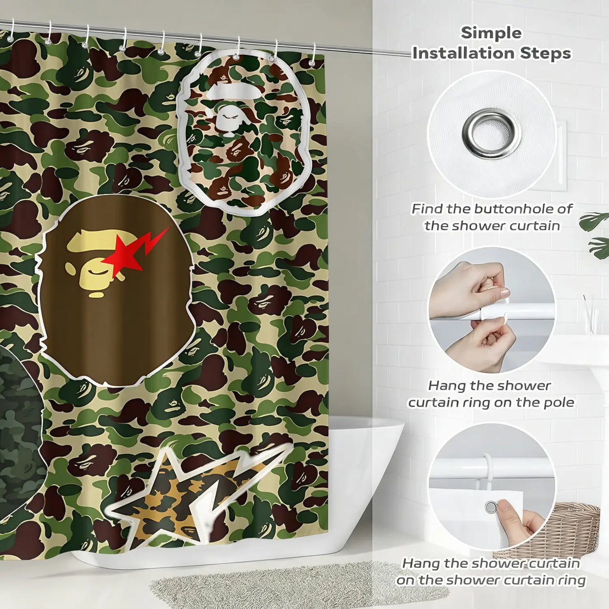 Camo Ape Head Pattern Removable Shower Curtain, Digital Print Waterproof Shower Curtain, Easy Install Hooks Included, Streetwear Themed Bathroom Decor, Machine Washable
