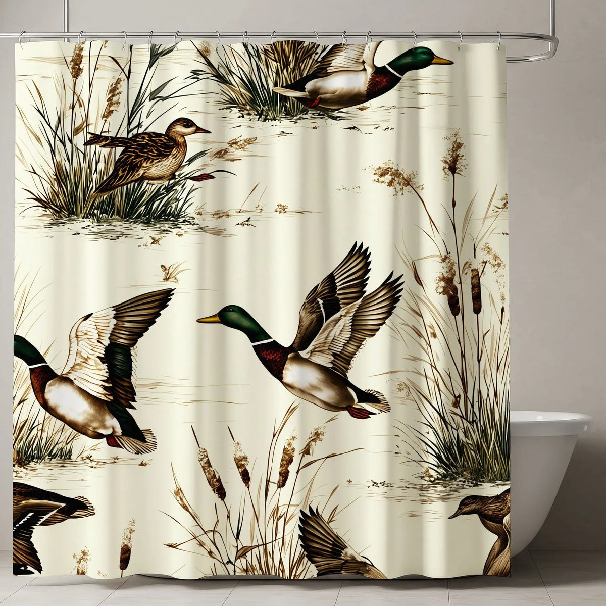 Vintage Mallard Ducks Shower Curtain, Rustic Cream Decorative Bathroom Accessory, Wildlife Print Outdoor Theme, Ideal for Spring Refreshment, Bath Shower Curtain