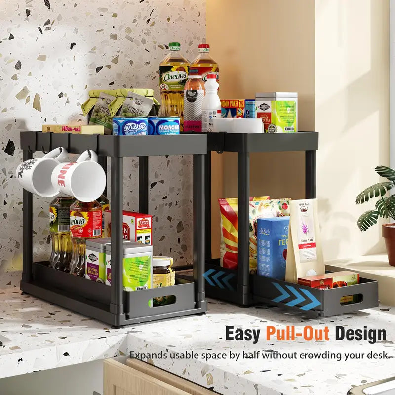 2-Pack Black Under Sink Sturdy Open Shelf Organizer (15x8x12.8in), Plastic Multi-Purpose Anti-Slip Sliding Baskets with 8 Hooks, Metal-Frame Kitchen Accessories for Cabinets, Drawer Storage Organizer, Racks for Furniture Storage & Small Items Organization