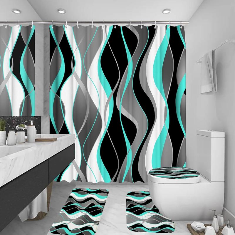 4 count Black Shower Curtain Sets with Non-Slip Rugs, Toilet Lid Cover and Bath Mat, Black and Gray Bathroom Decor Set Accessories Fabric  Shower Curtains with 12 Hooks, 72 x 72 Inch
