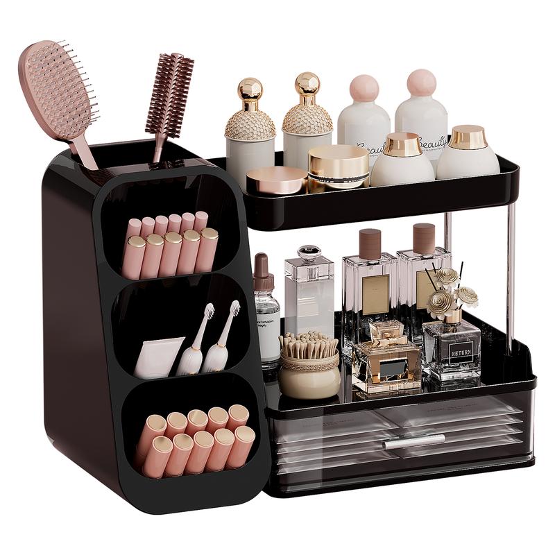 UFORU Plastic 1-Piece Cosmetics Storage Box - 3-Tier Shelf with Drawer, Multi-Compartment Brush Holder, Compartments for Cosmetics, Clutter-Free Vanity Organizer for Counter (Mother's Day Gift)