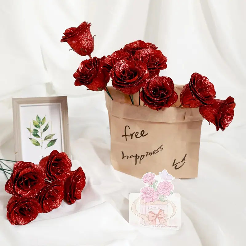24Pcs DIY Colorful Glitter Silk Faux Flower Bouquet - Shiny Artificial Red Decorative Bouquet, Wardrobe & Room Accessories, Romantic Gifts for Girlfriend, Garage & Home Decor Supplies