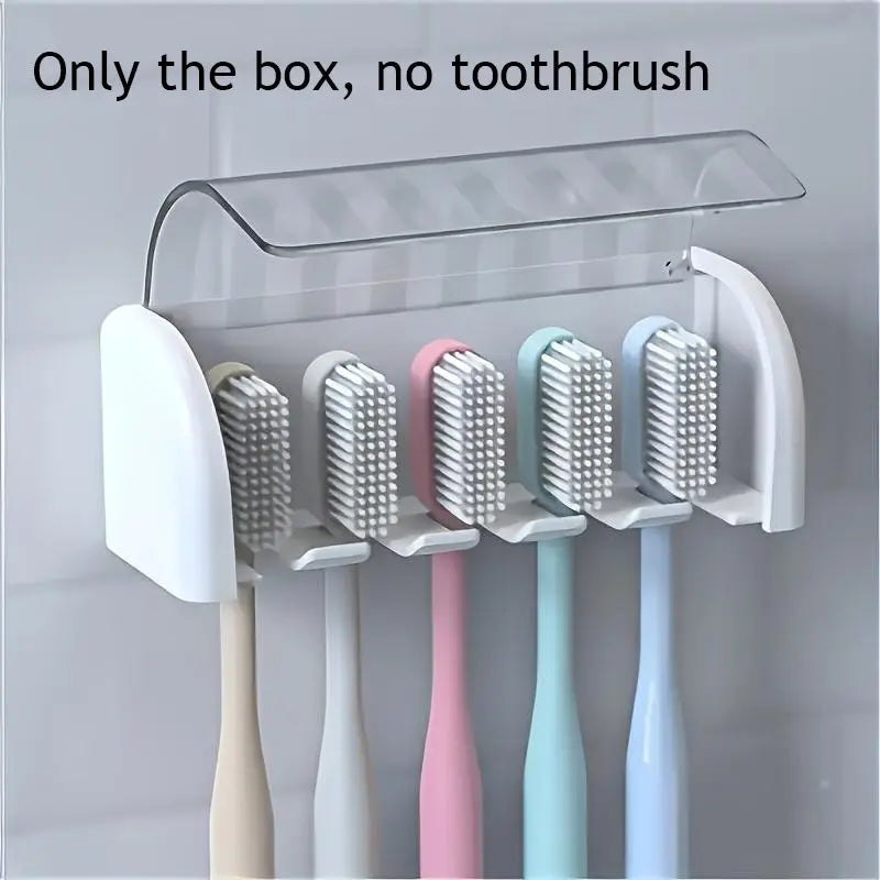 5-Slot Toothbrush Holder with Lid, Self-adhesive Wall Toothbrush Storage Rack, Plastic Bathroom Supplies, Suitable for Dormitories and Showers, Bathroom Accessory, Toothbrush Holders For Bathrooms