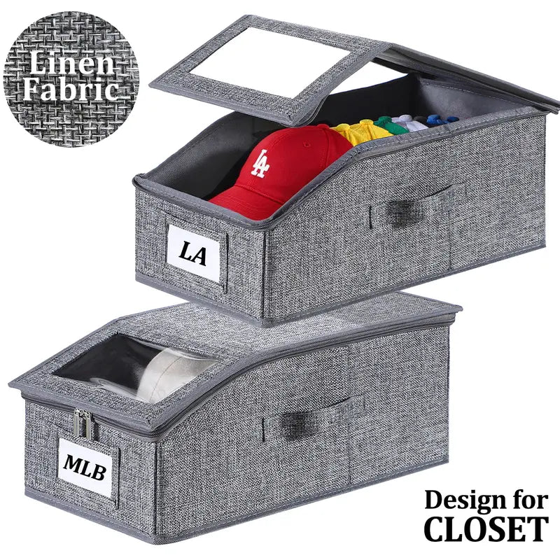 TAYTUU Linen 1-Pack Stackable Trapezoid Hat Organizer Bin with Drawstring, Cardboard-Supported Space-Saving Window Boxes for Closet, Transparent Holds 12 Caps, Men’s & Women’s Christmas/Mother’s Day Gifts