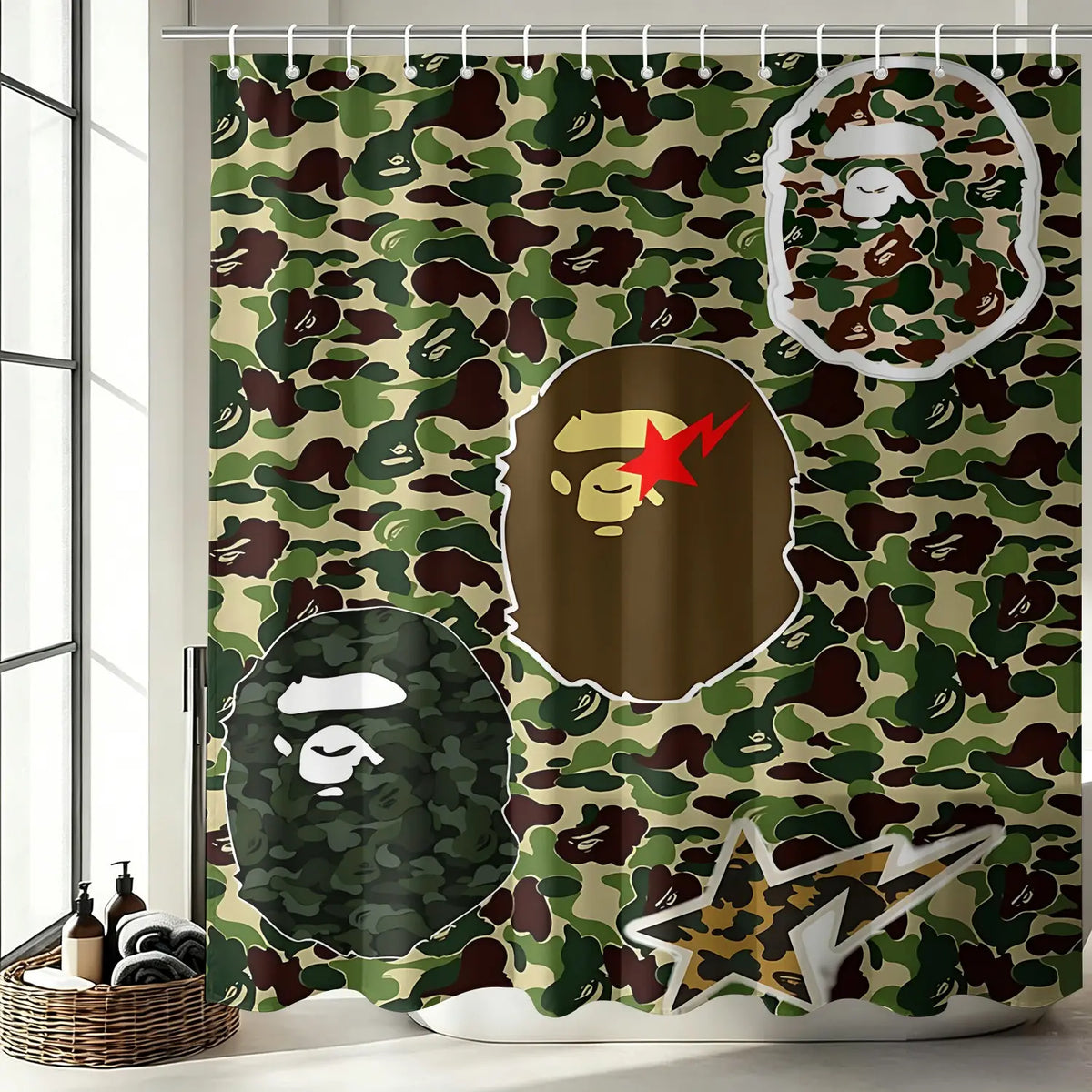 Camo Ape Head Pattern Removable Shower Curtain, Digital Print Waterproof Shower Curtain, Easy Install Hooks Included, Streetwear Themed Bathroom Decor, Machine Washable