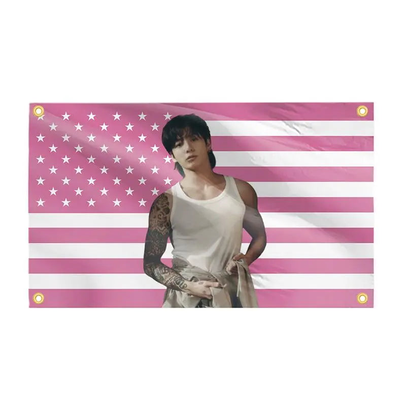 Jungkook Pink Stars and Stripes Kpop Idol Polyester Synthetic Rectangular Flag Tapestry - 3x5ft Bold Flag Graphic Pops Flag+Idol Mix Hanging Banner, College Dorm Decor, Home Supplies Gift for Boys