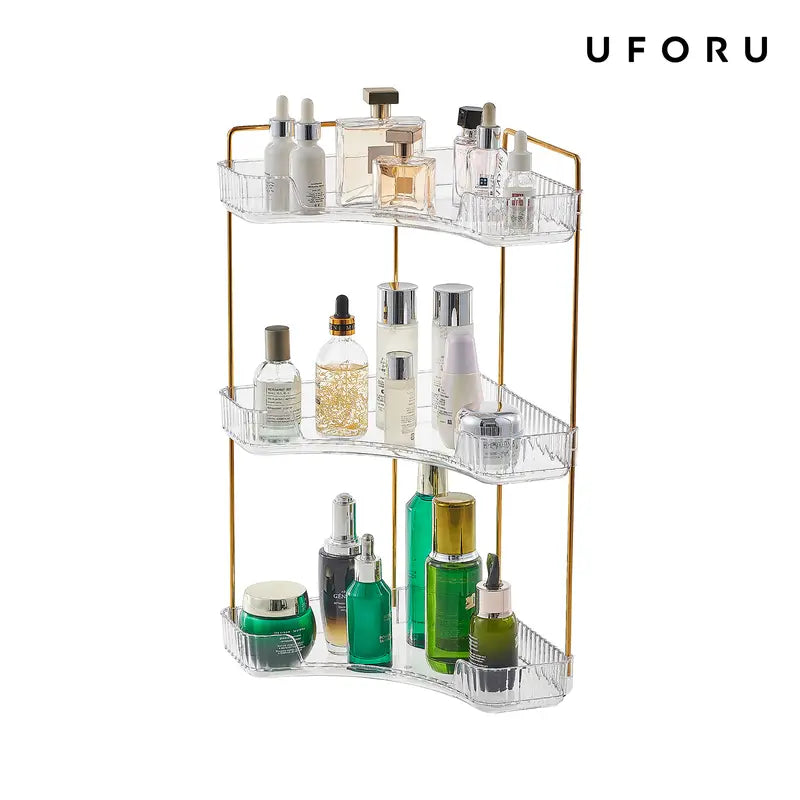 UFORU 3-Tier Transparent Plastic Corner Bathroom Counter Organizer Storage - Bathroom Accessory with Gold Metal Pole, Anti-Slip Trays for Cosmetics, Perfumes, Skincare, Vanity Use, Bedroom Organizer Storage