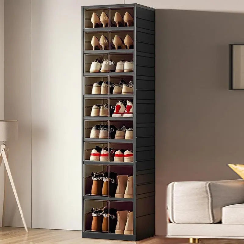 9-Tier Foldable Plastic Shoe Rack Organizer - Multilayer Display, Closet Organizer, Dust-Free Access, 18-Pair Capacity, Collapsible Stackable Magnetic Design, Fast 3-5 Min Setup, Compact Storage for Tiny Spaces (For Families/Individuals)