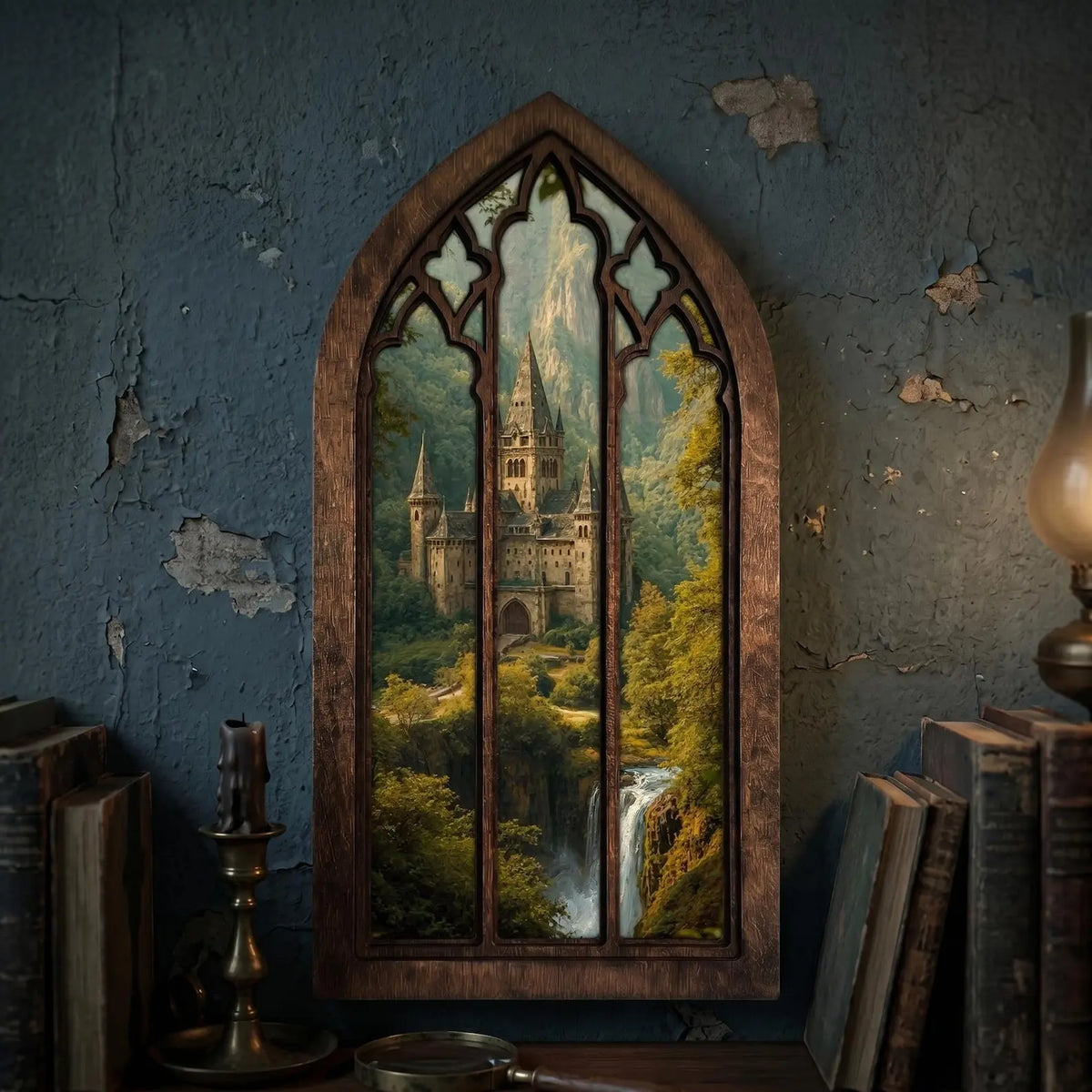 Gothic Window Wall Art, Medieval Castle Wood Frame, Fantasy Landscape 3D Layered Plywood, Dark Academia Home Decor, Decorative Artwork for Wall Display