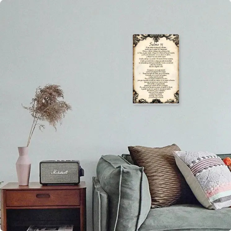 1pc 12x8in Aluminium 2D Flat Decorative Sign & Plaque - Vintage Spanish Psalm 91 Inspirational Religious Wall Art, Ornate Framed Ornaments, Default Spanish Faith Decor, Vintage Home Decor for Home Prayer Rooms Focal Point