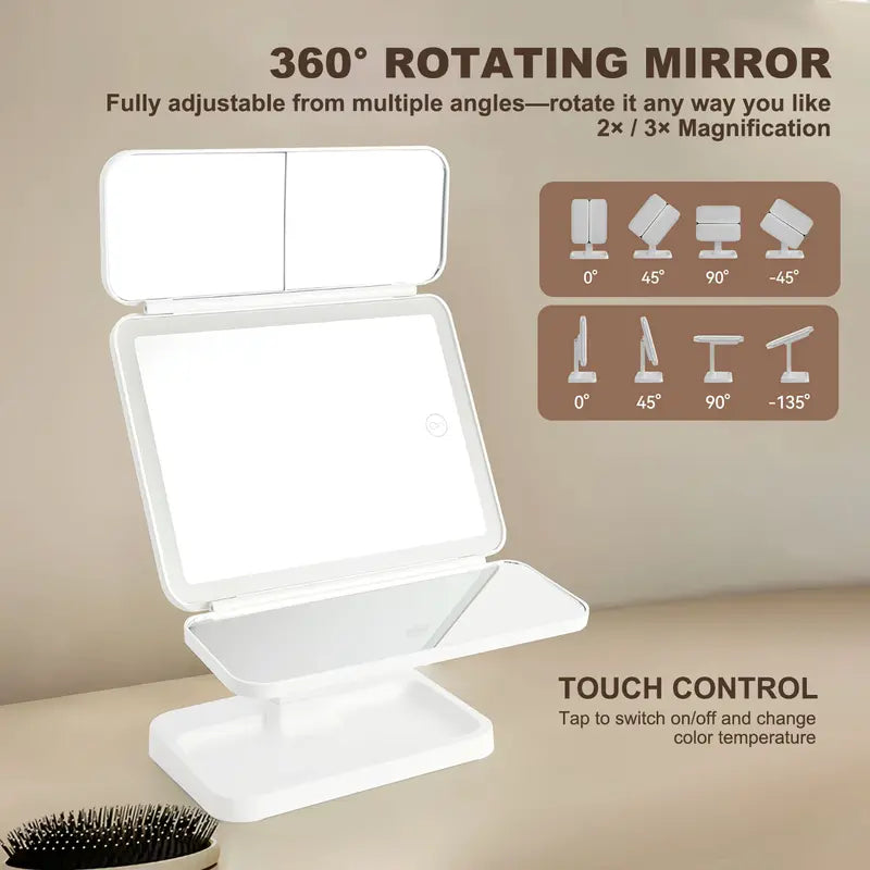 Foldable LED Makeup Mirror with 3 Light Modes, 2X/3X Magnification, Touch Dimmable, 360° Rotating Portable Vanity Mirror