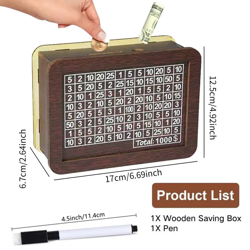 Wooden Money Saving Box for Cash, $10K Savings Challenge Piggy Bank, Gift for Kids Teens Adults, Decorative Cash Vault for Home Office Decor Cash Coin Jar Coin Bank