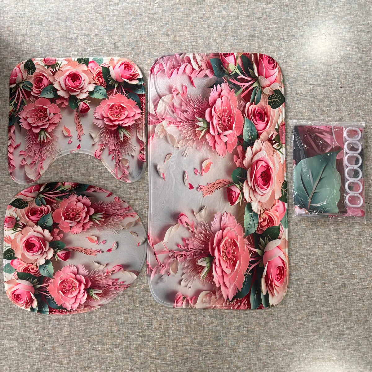 Floral Print Bathroom Decor Set, 1 Count Only Shower Curtain Or 4 Counts/set Including Shower Curtain & Toilet Mat & Bath Mat & Toilet Lid Cover, Home Goods