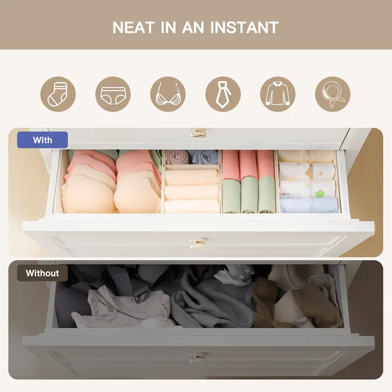 Criusia 10-Pack Plastic Foldable Square Drawer Organizer Bins - Compartmentalized Divided Compartments, Multi-Size Stackable Heavy Boards, Collapsible Storage Bins for Baby Clothes, Fold for Travel Clothes Organiser