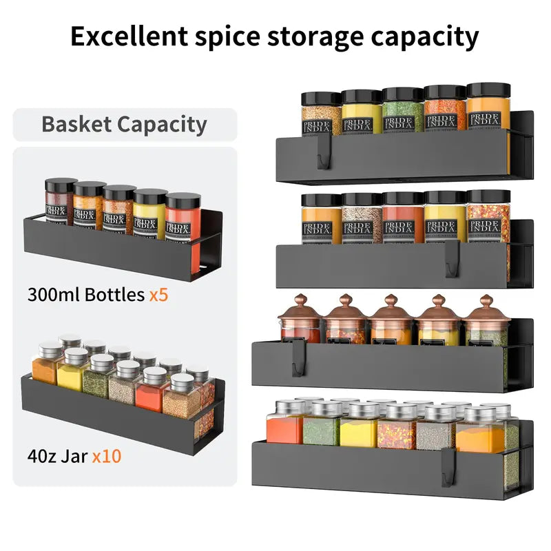 4 Pack Magnetic Spice Rack Organizer with Hooks for Refrigerator and Oven, Black Fridge Organizers and Storage for Kitchen
