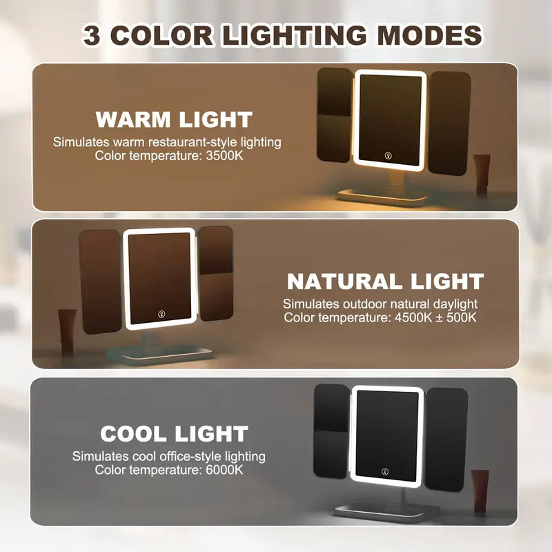 Foldable LED Makeup Mirror with 3 Light Modes, 2X/3X Magnification, Touch Dimmable, 360° Rotating Portable Vanity Mirror