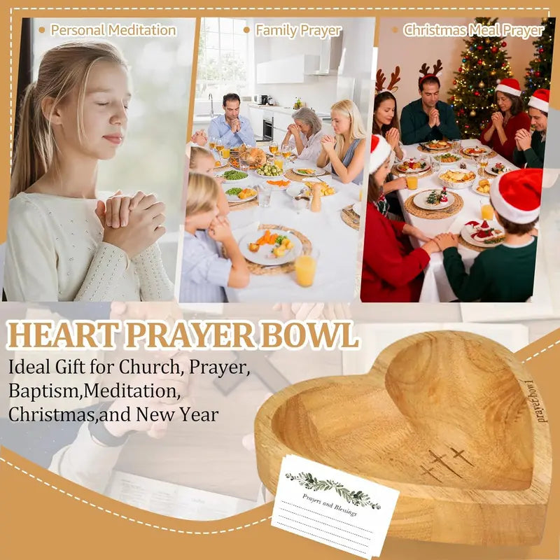 Wooden Heart Shaped Prayer Bowl with 24 Prayer Cards, Handcrafted Vintage Prayer Bowl with Cross & Letter Pattern, Religious Decorations for Home Living Room Bedroom Church, Christian Ornaments, Home Decor, Hand Engraved Easter Sunday Gifts Father's Day