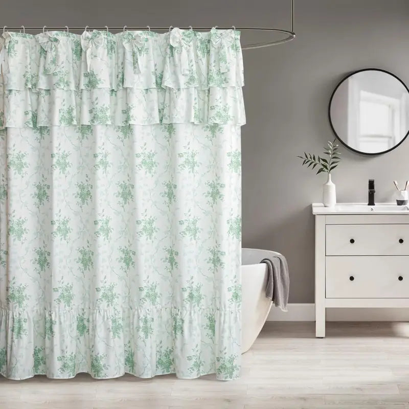 Yrztrk Retro Flower Polyester Shower Curtain with Ruffle, Handcrafted Big Bow Tie, 12 Hooks - Waterproof, Quick-Drying, Machine-Washable Decorative House Decor for Master Bathroom