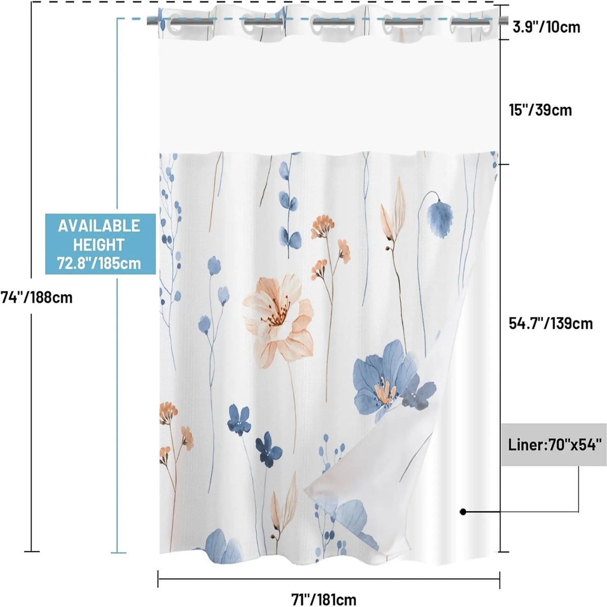 Floral Pattern Shower Curtain, 1 Count Waterproof Pastel Bathroom Curtain with Snap in Liner, Bathroom Decor Supplies for Home Hotel Salon Dormitory
