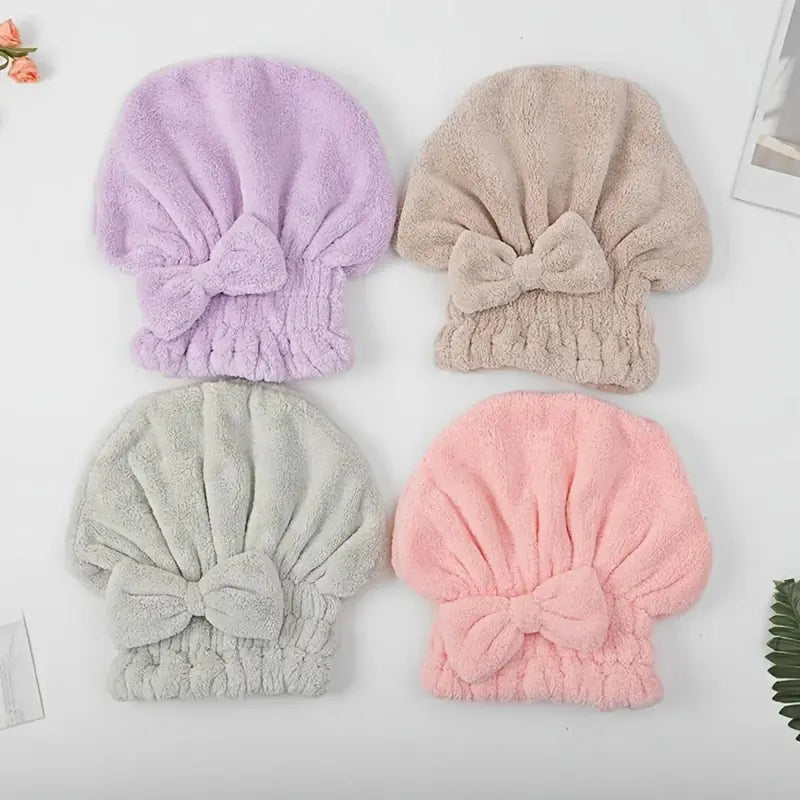 Women's 2pc Soft Towel Hair Drying Cap Set, Chic Bow Decor Shower Cap, Reusable Solid Color Bathroom Accessory, Gifts for Women for Camping Travel Self-Care Prep