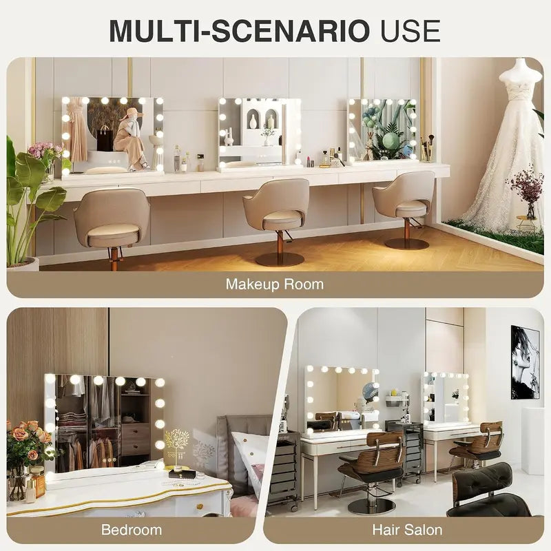Hoodink Lighted Vanity Mirror, 23"x18" Hollywood Makeup Mirror with 15 LED Bulbs, 3 Color Modes, USB Port, Tabletop-Wall Mount, Room Decor, House Decor, Vanity Organization, Girl Room Accessories for Women White