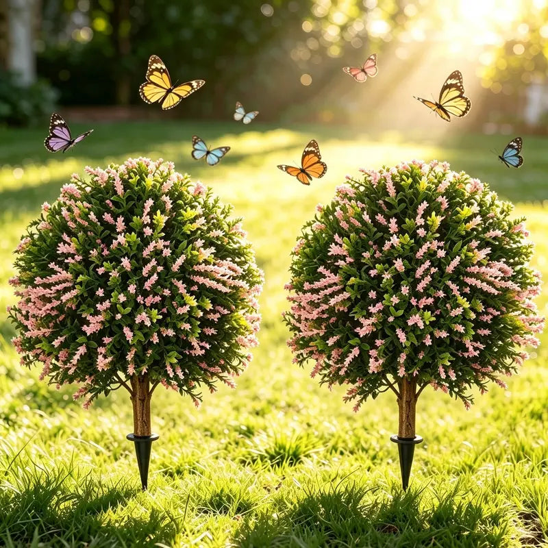 Artificial Boxwood Topiary Ball - 24in UV-Resistant Faux Shrub with Lavender Accent, High-Density PE Leaves, Wood-Effect Trunk, Ground Spike Base, Set of 2 for Porch, Entryway, Patio Decor