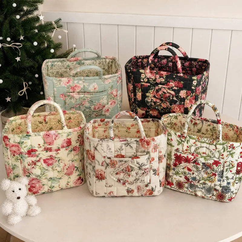 Women's Quilted Retro Peony Purse Tote Handbag - 32 * 25 * 26Cm, Large-Capacity, Lightweight, Collapsible Polyester Organizer for Home&Travel Storage