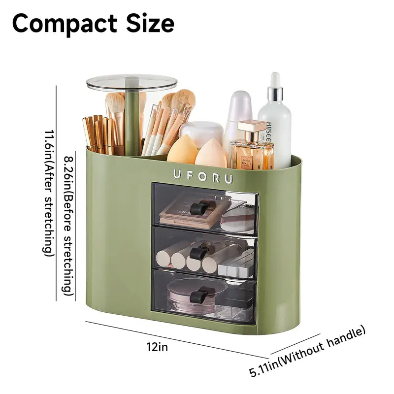 UFORU Classic Oval Desktop Storage Box - 4-Slot Brush Holder, 1-Touch Open Airtight Drawer, Dainty Divided Easy Access Cosmetic Organisers for Lipstick, Skincare, Jewelry (Dorm Storage Organization)