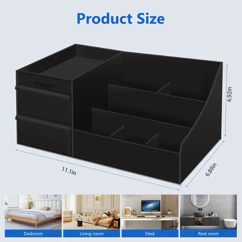 Black Desktop Compartment Storage Bin Cosmetic Organisers - 7 Slots for Gear, 2 Deep Drawer Stash, Drainable, Organization Ideas, Office/Kitchen Desk Vanity Accessory, Dorm Room Find (for Perfumes, Shaving Tools, Skincare Products)
