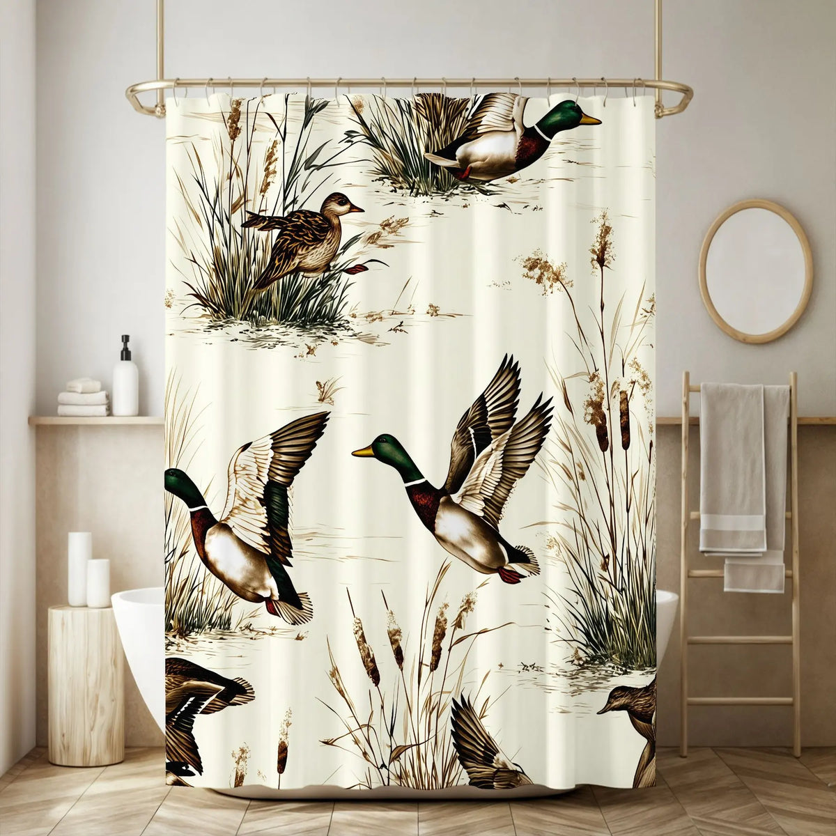 Vintage Mallard Ducks Shower Curtain, Rustic Cream Decorative Bathroom Accessory, Wildlife Print Outdoor Theme, Ideal for Spring Refreshment, Bath Shower Curtain