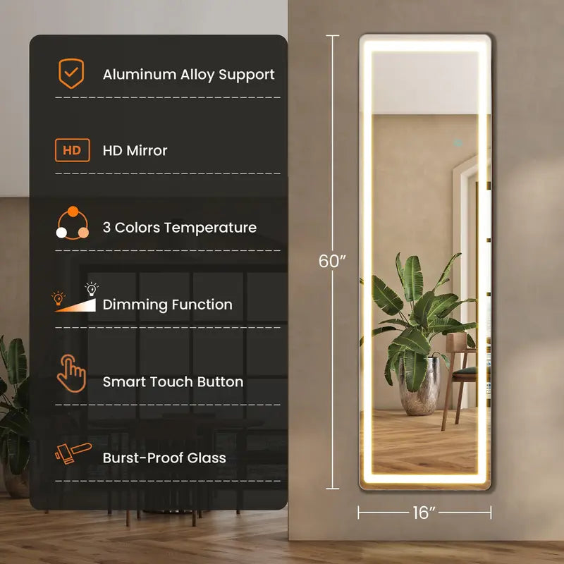 Floor Mirror Stand Mirror Full Length with LED Lights, Floor Mirror Dimming & 3 Color Lighting, Led Dimmable Mirror